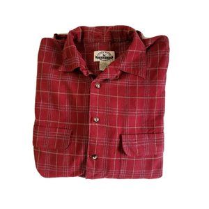 Eddie Bauer Legends Cotton Plaid Button front Shirt Red Tan Men's size LARGE